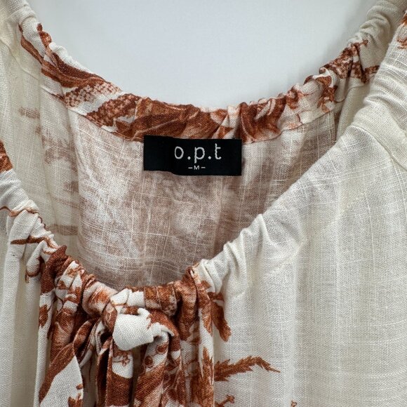 OPT Long Sleeve Linen Blend Midi Dress Ivory/Brown Floral Print size M Medium - Picture 2 of 9